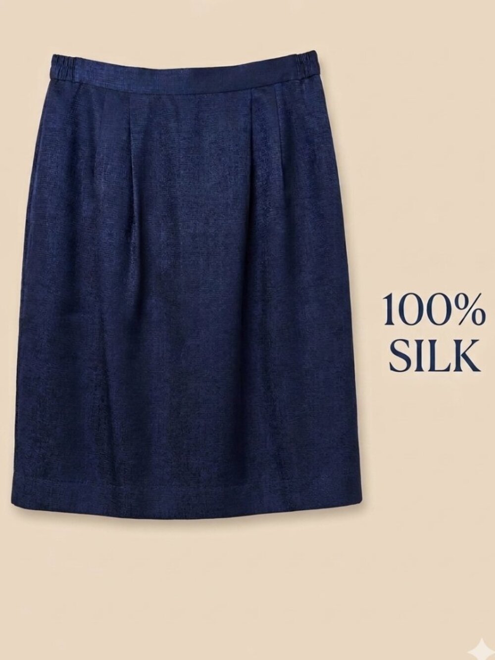Vintage 90s Navy Blue 100% Silk Textured A-Line Midi Skirt Lined Size 10